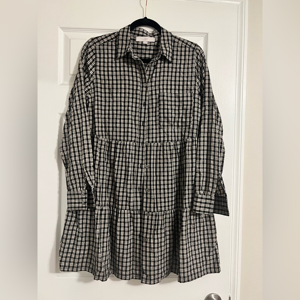 LOFT Black and White Mini Dress with Checkered Pattern